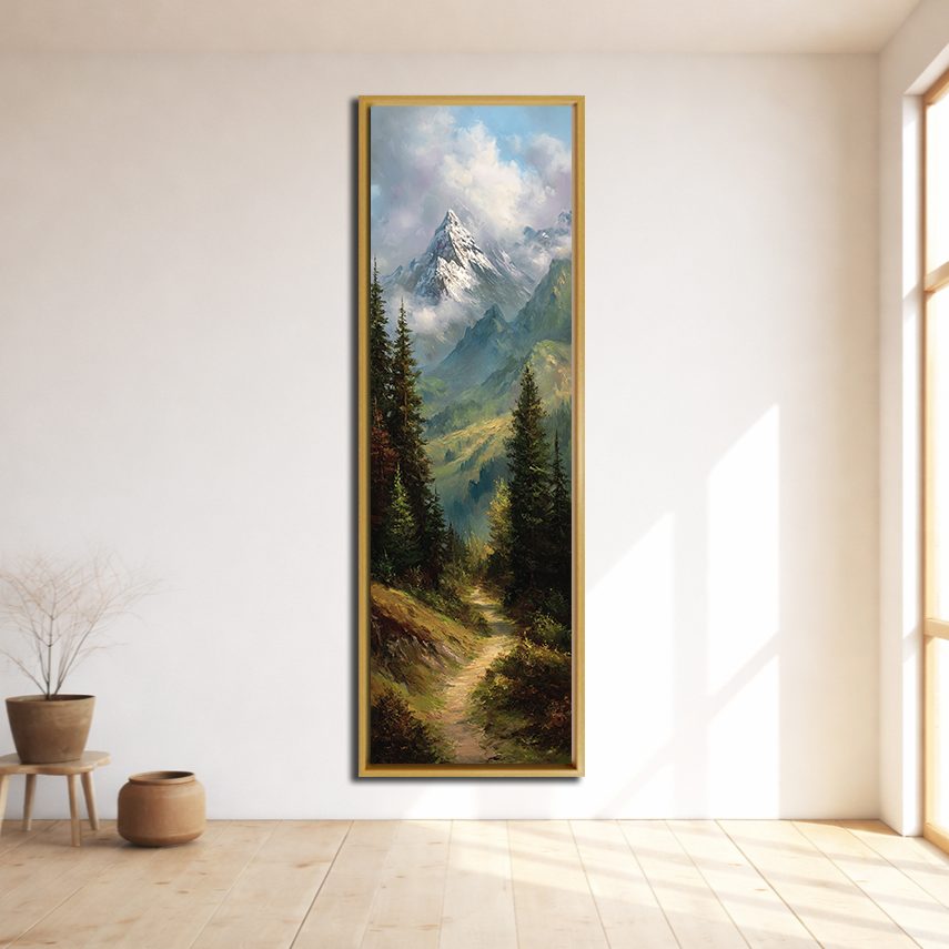 Mountain Valley Forest Trail canvas wall art, natural wood floating frame