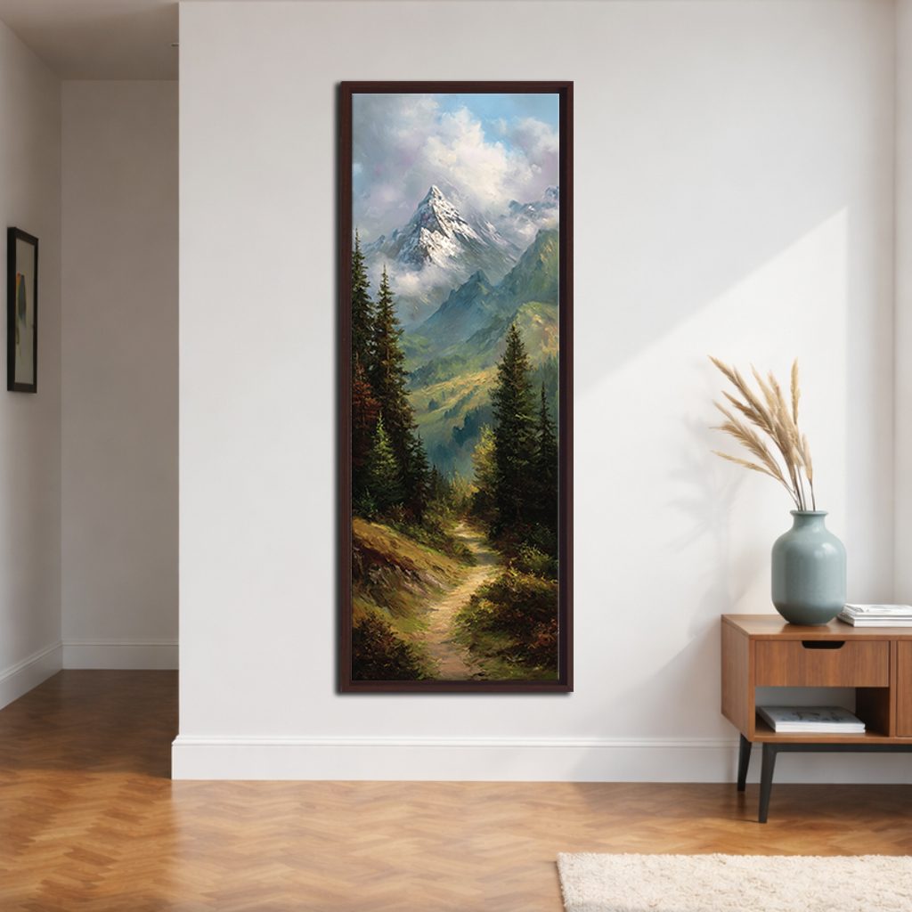 Mountain Valley Forest Trail canvas wall art, walnut floating frame