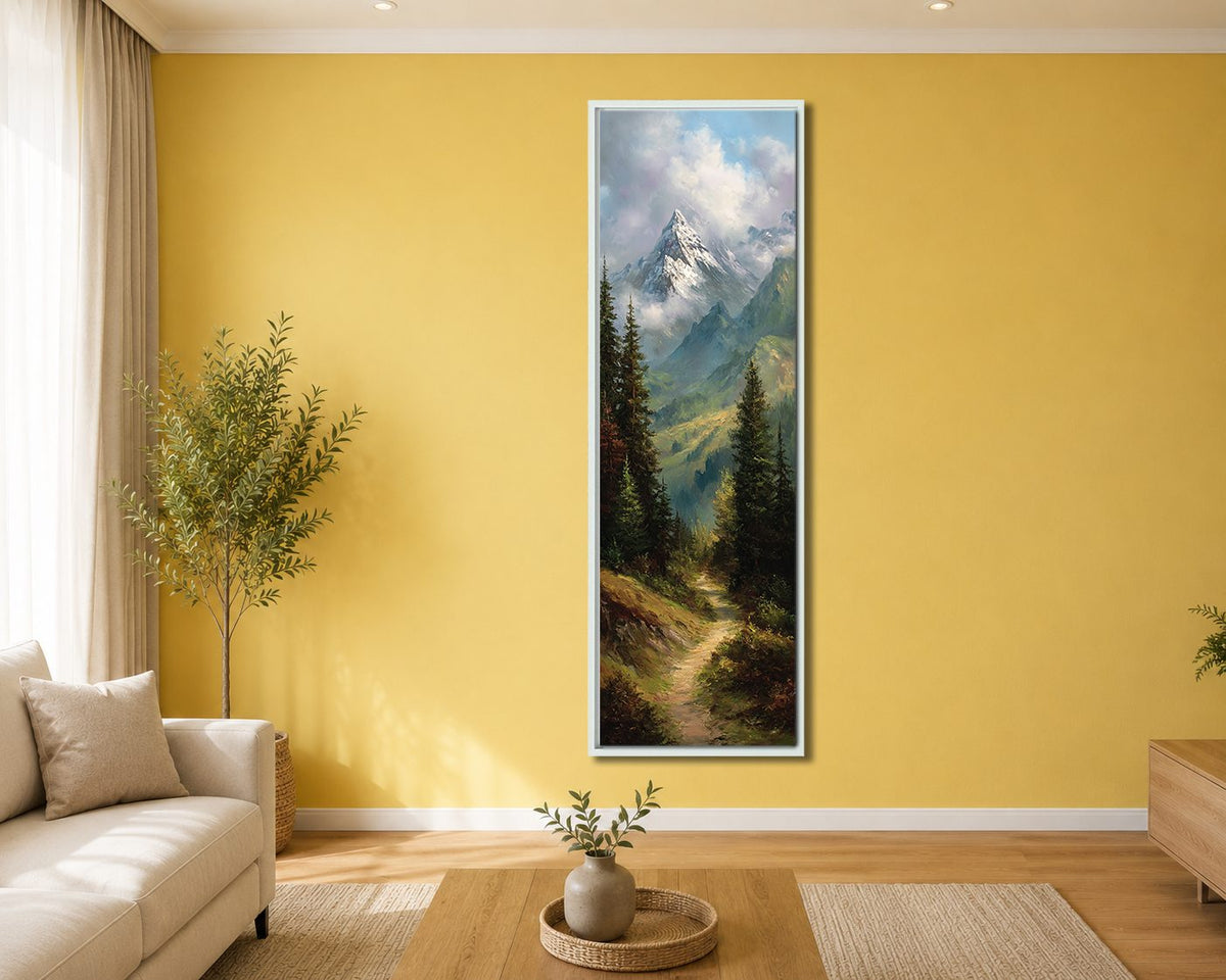 Mountain Valley Forest Trail canvas wall art, white floating frame
