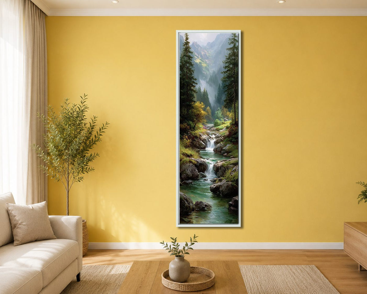 Mountain Waterfall Forest River canvas wall art, white floating frame