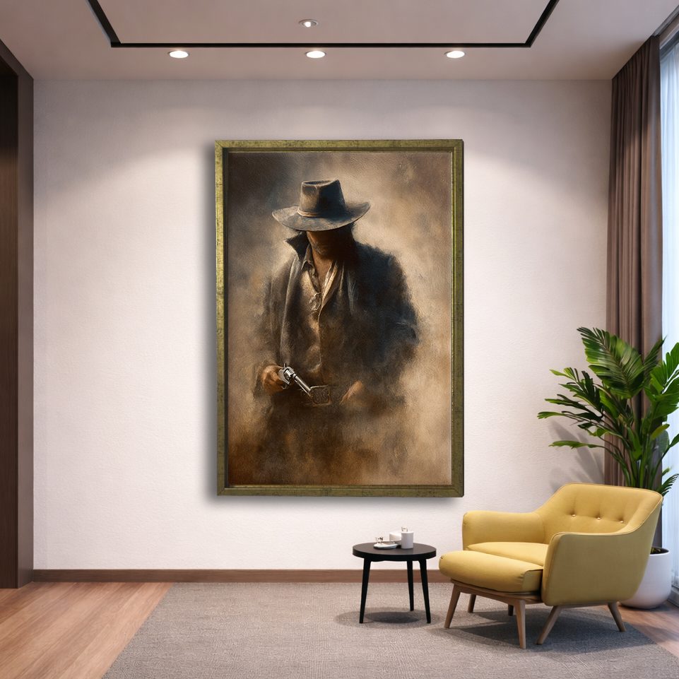 Mysterious Cowboy in Fedora canvas wall art, gold floating frame