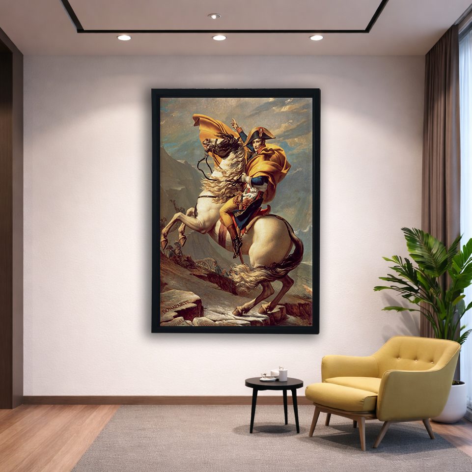 Napoleon Crossing the Alps by Jacques-Louis David canvas wall art, black floating frame