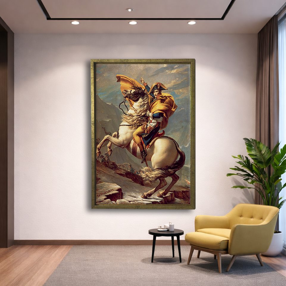 Napoleon Crossing the Alps by Jacques-Louis David canvas wall art, gold floating frame