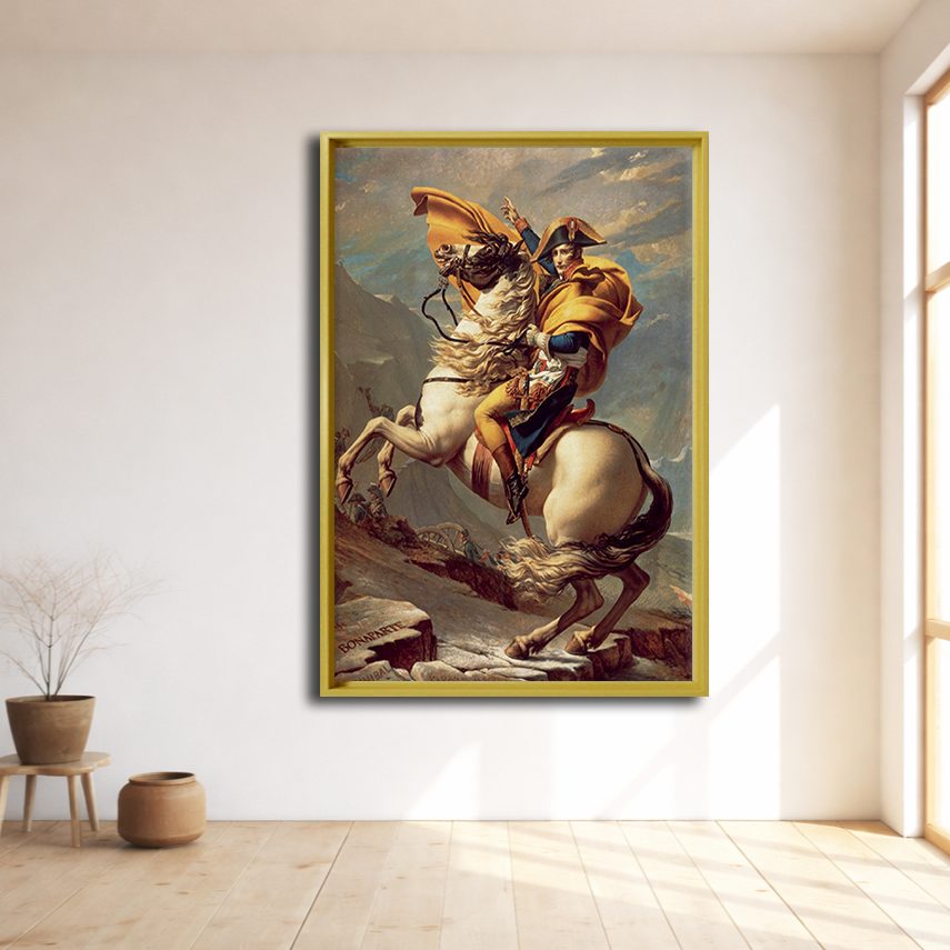 Napoleon Crossing the Alps by Jacques-Louis David canvas wall art, natural wood floating frame