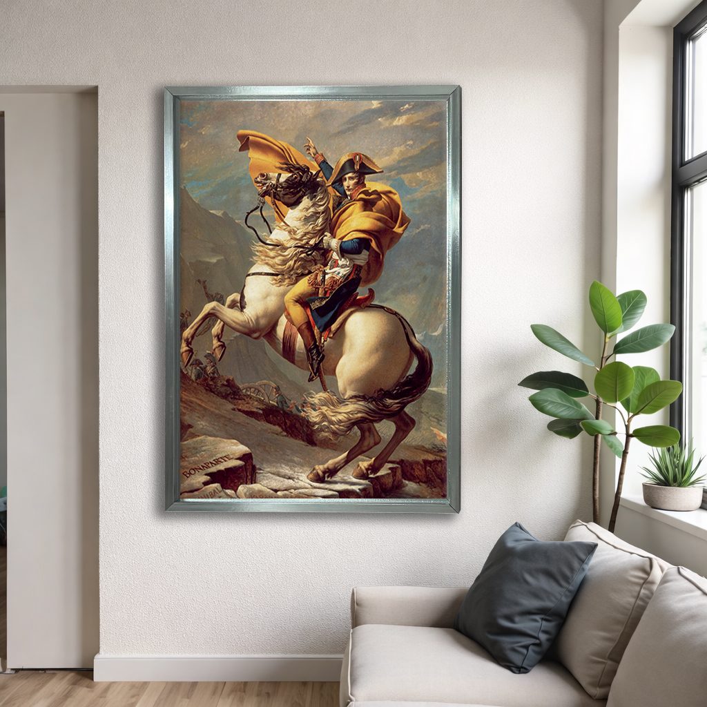Napoleon Crossing the Alps by Jacques-Louis David canvas wall art, silver floating frame