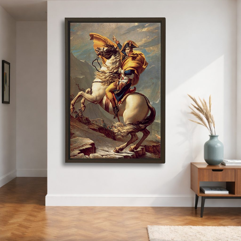 Napoleon Crossing the Alps by Jacques-Louis David canvas wall art, walnut floating frame