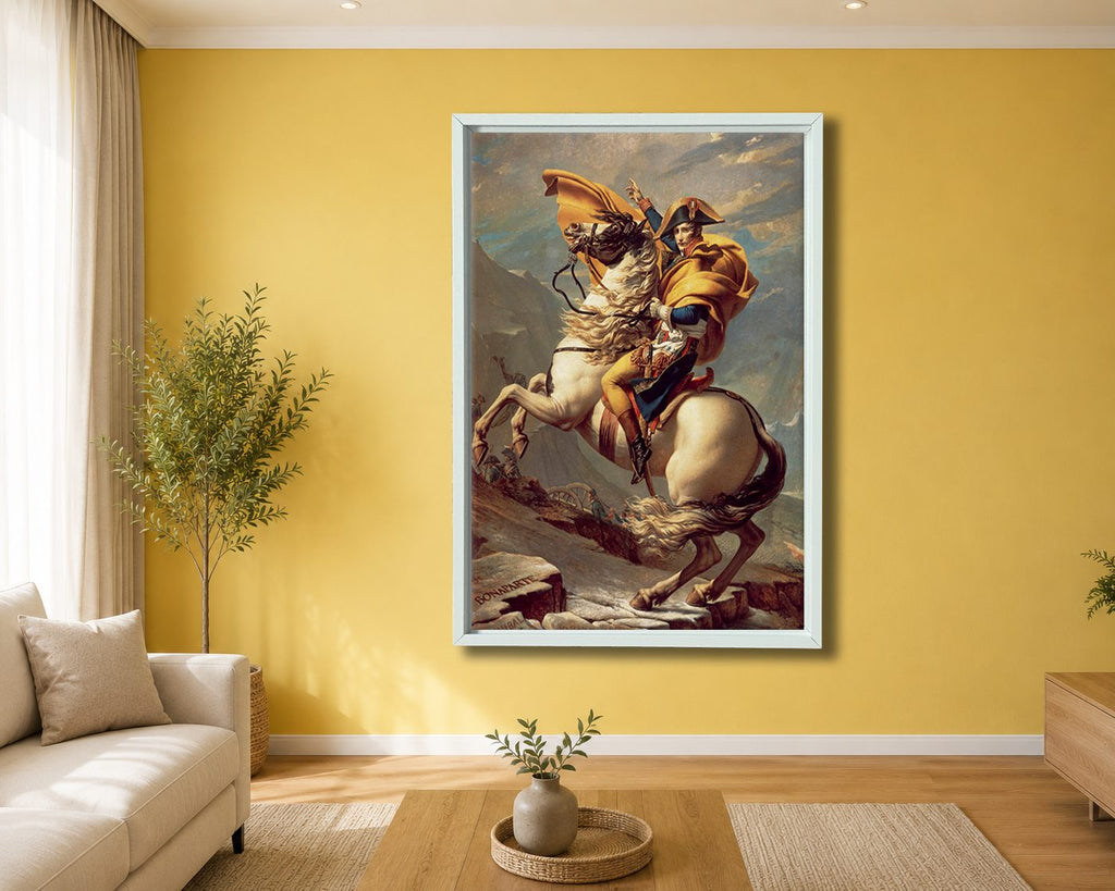 Napoleon Crossing the Alps by Jacques-Louis David canvas wall art, white floating frame