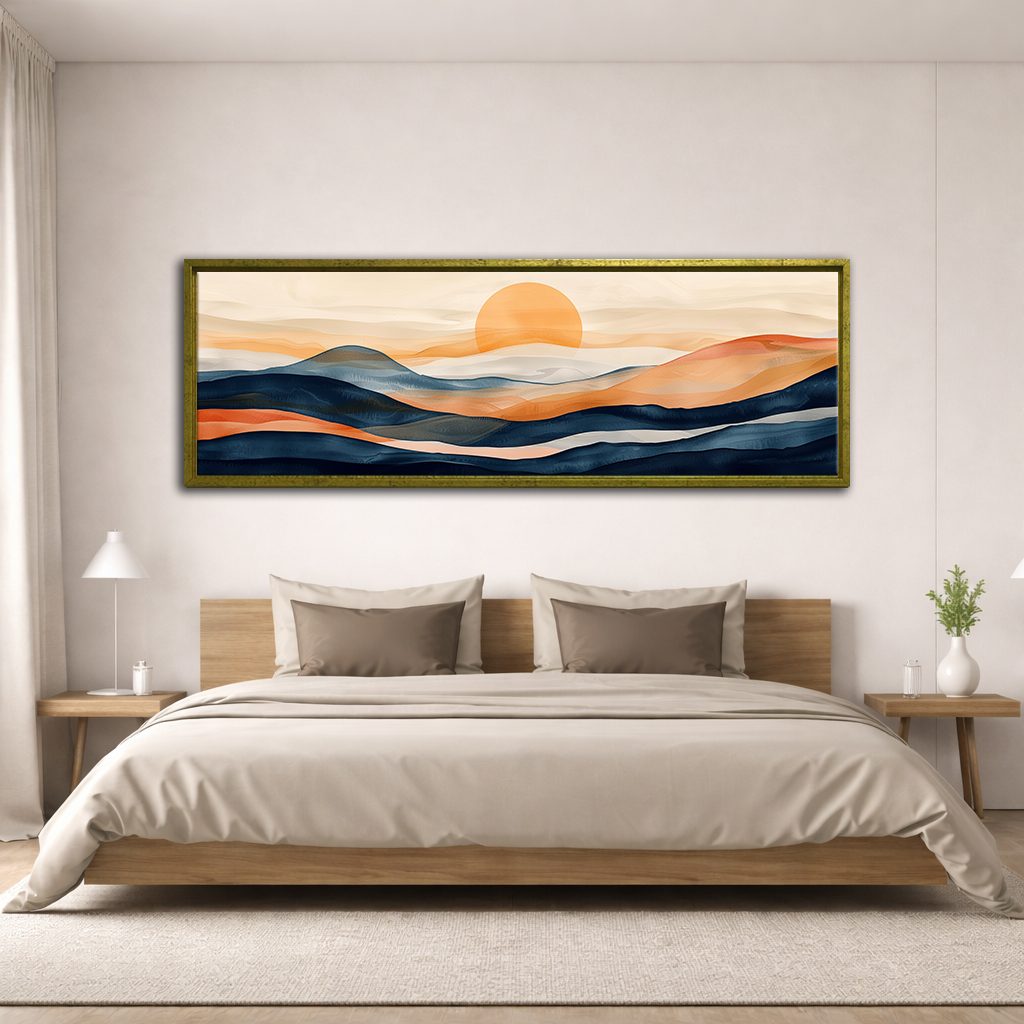 Navy and Orange Sunset Hills canvas wall art, antique gold floating frame