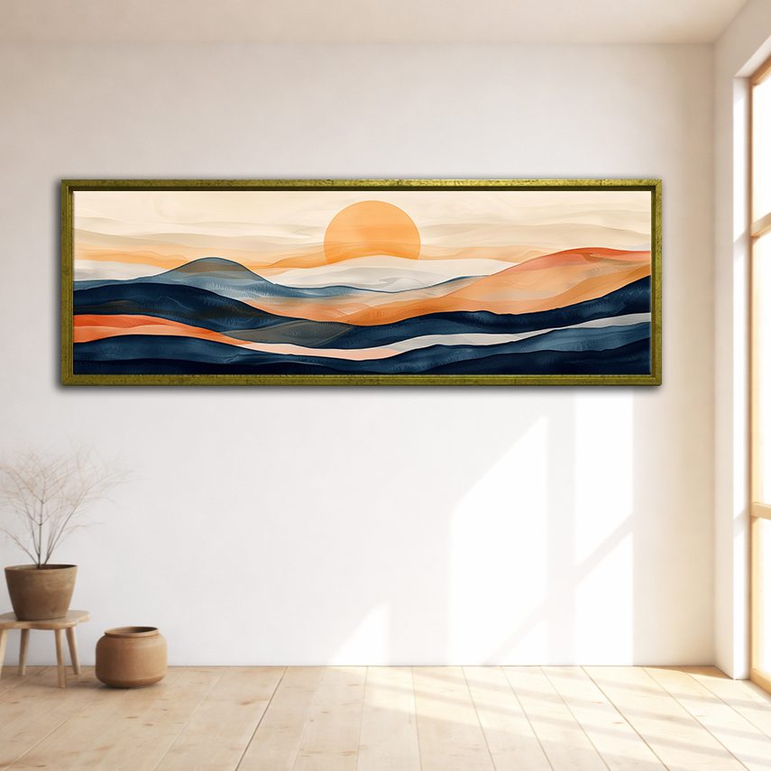 Navy and Orange Sunset Hills canvas wall art, gold floating frame