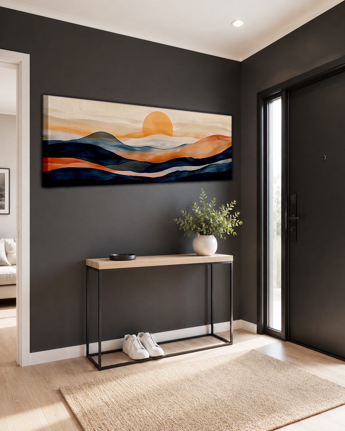 Navy and Orange Sunset Hills canvas wall art, unframed canvas