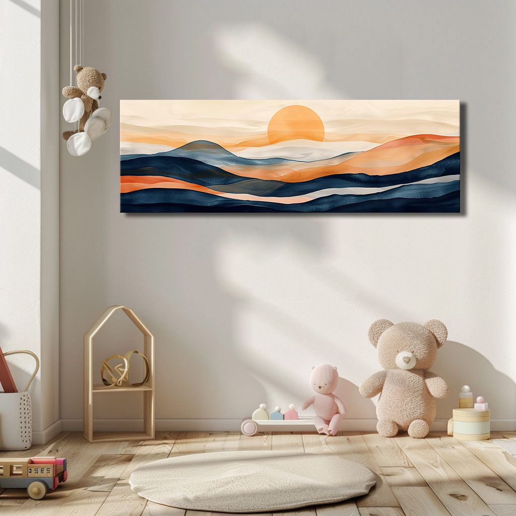 Navy and Orange Sunset Hills canvas wall art, unframed canvas