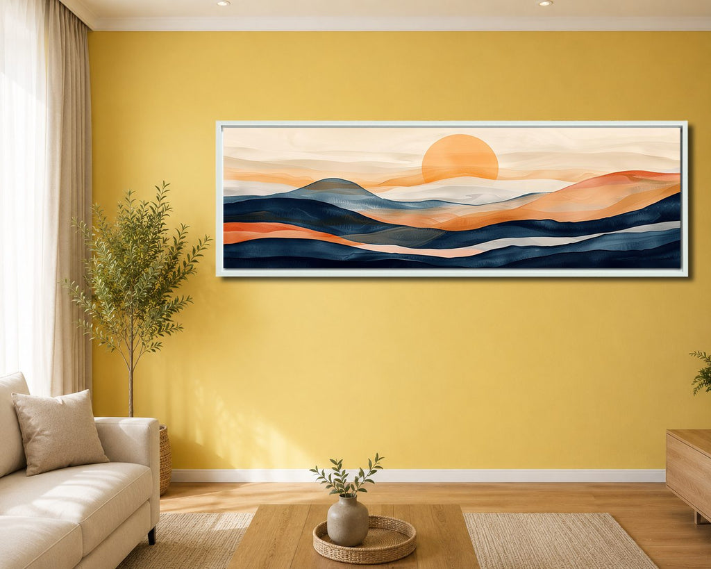 Navy and Orange Sunset Hills canvas wall art, white floating frame