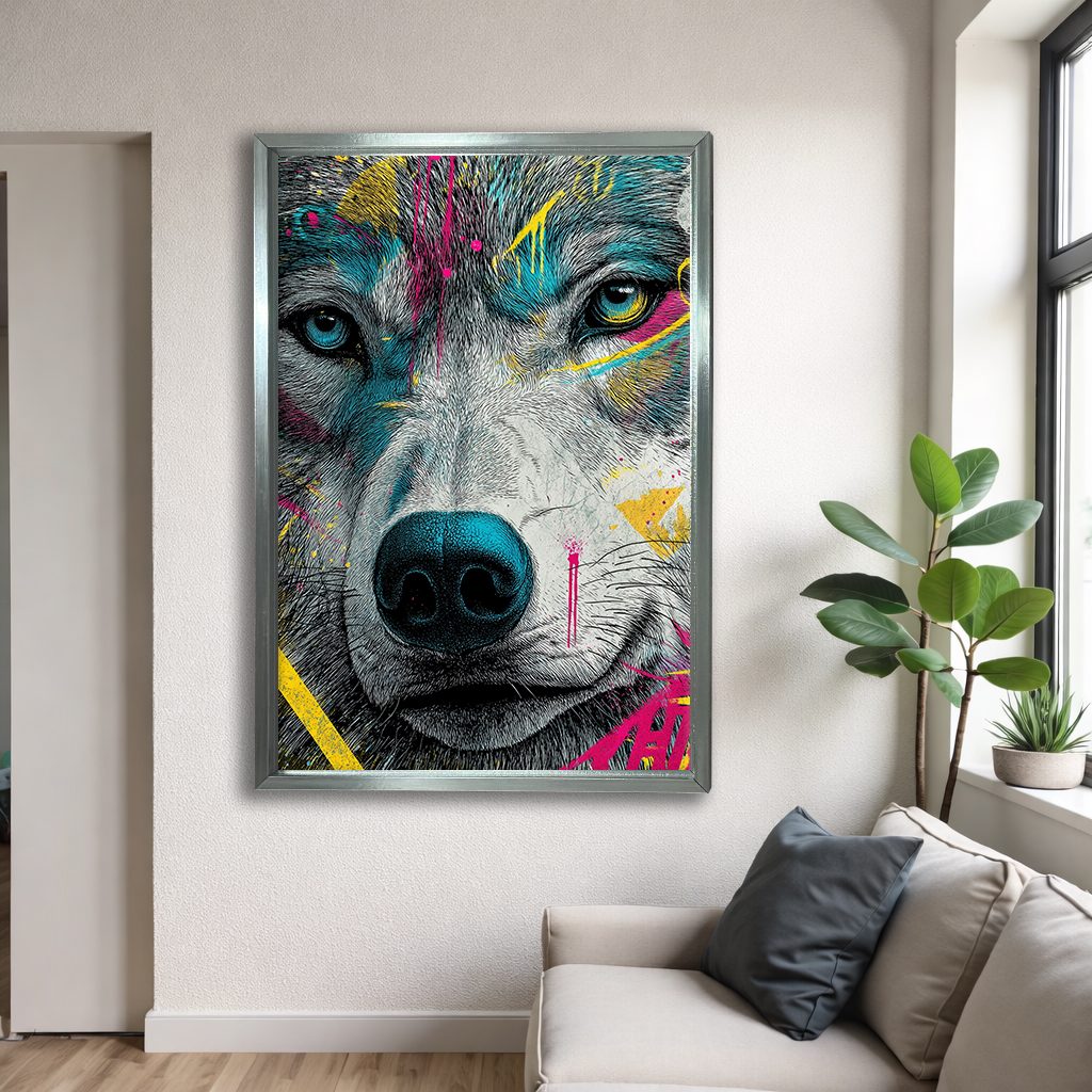 Neon Graffiti Wolf Portrait canvas wall art, silver floating frame