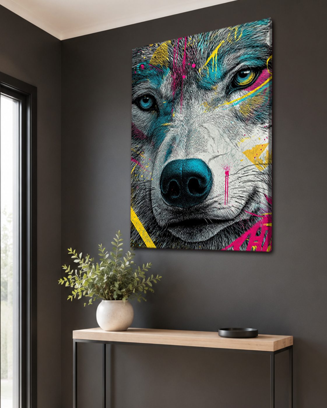 Neon Graffiti Wolf Portrait canvas wall art, unframed canvas