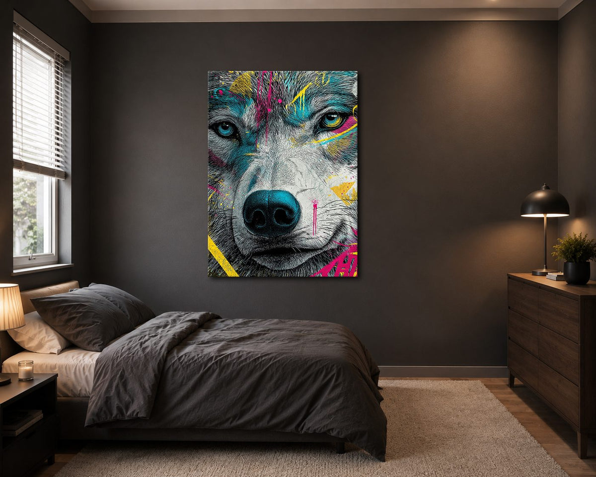 Neon Graffiti Wolf Portrait canvas wall art, unframed canvas
