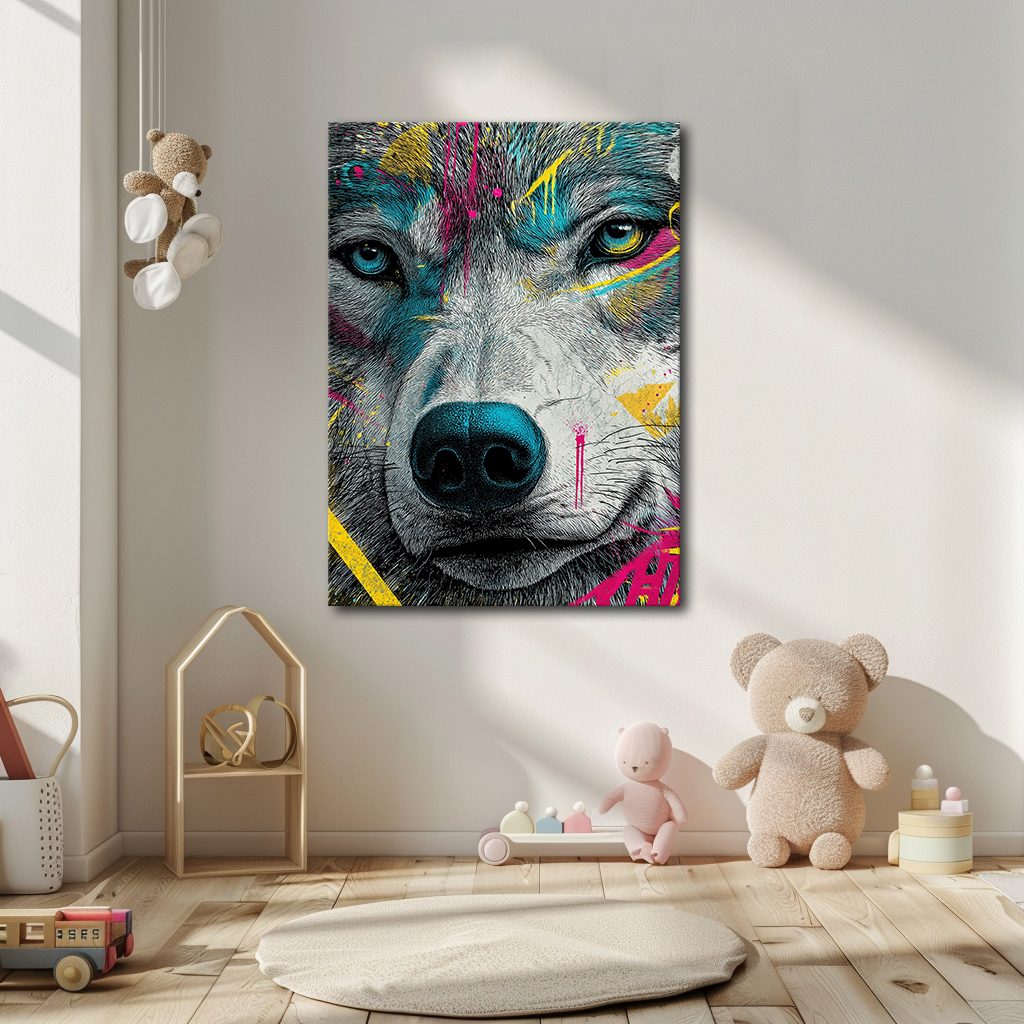 Neon Graffiti Wolf Portrait canvas wall art, unframed canvas