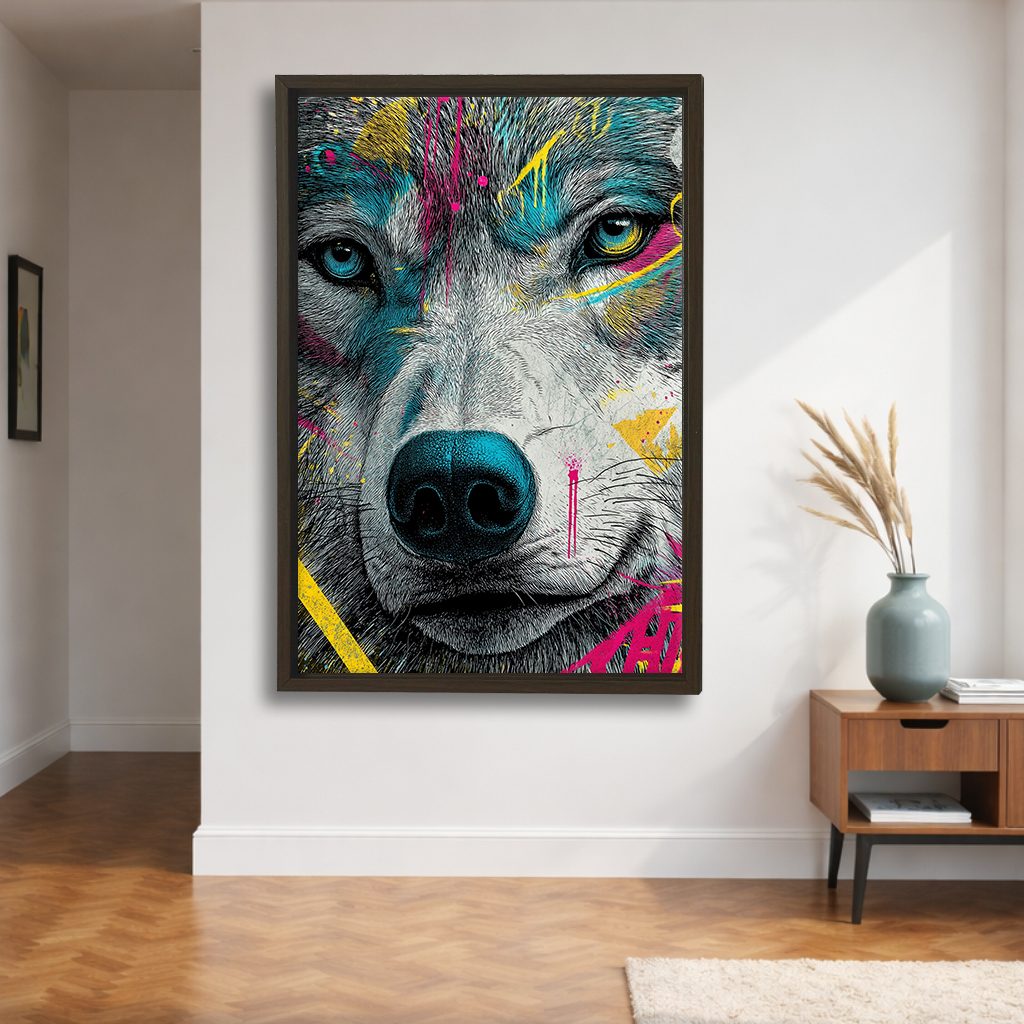 Neon Graffiti Wolf Portrait canvas wall art, walnut floating frame