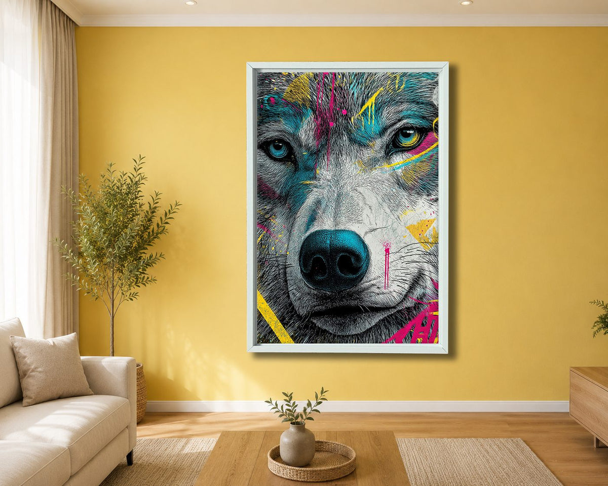 Neon Graffiti Wolf Portrait canvas wall art, white floating frame
