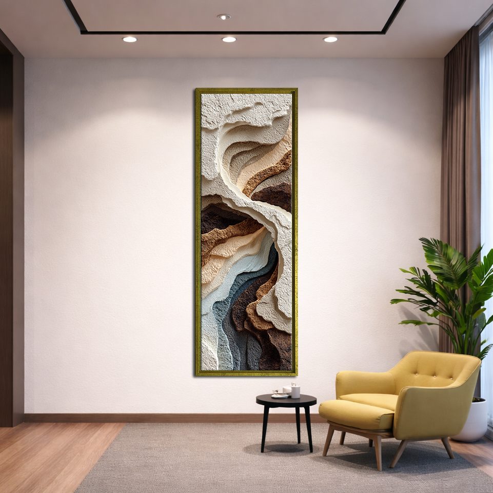 Neutral 3D Textured Layers Abstract canvas wall art, gold floating frame