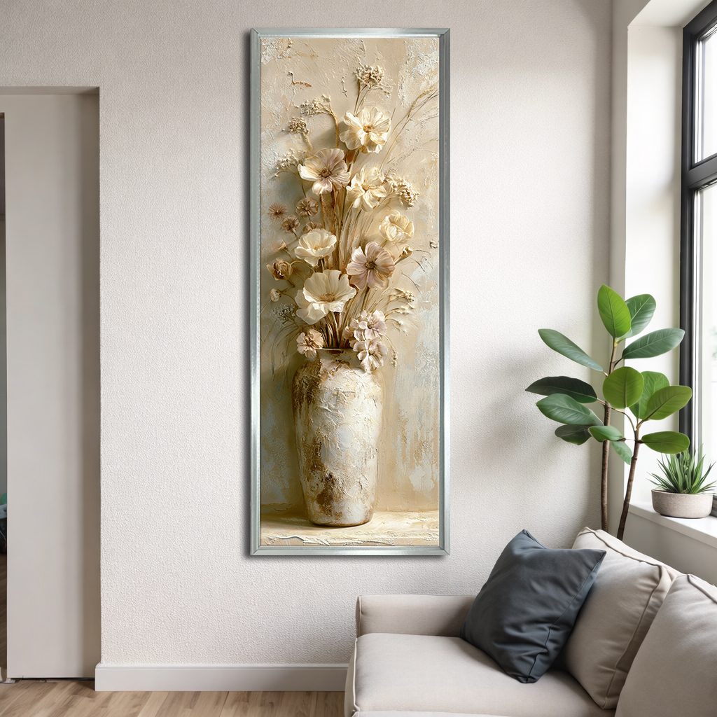 Neutral Flowers in Vase canvas wall art, silver floating frame