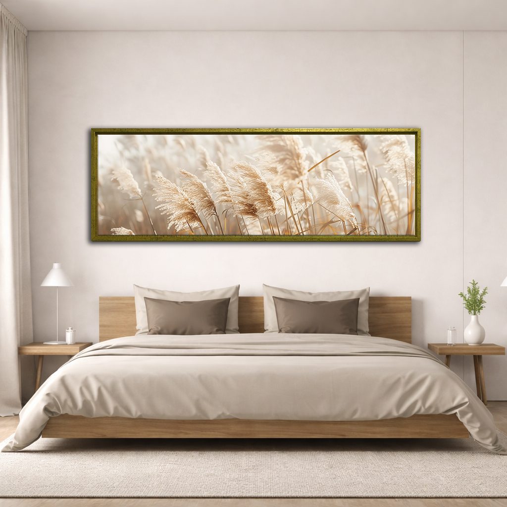 Neutral Pampas Grass Close-up canvas wall art, antique gold floating frame