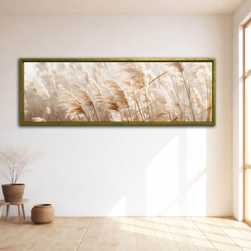 Neutral Pampas Grass Close-up canvas wall art, gold floating frame