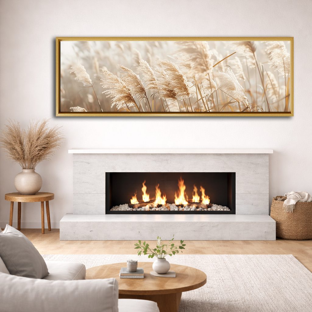 Neutral Pampas Grass Close-up canvas wall art, natural wood floating frame