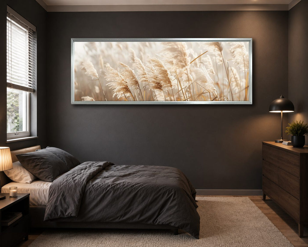 Neutral Pampas Grass Close-up canvas wall art, silver floating frame