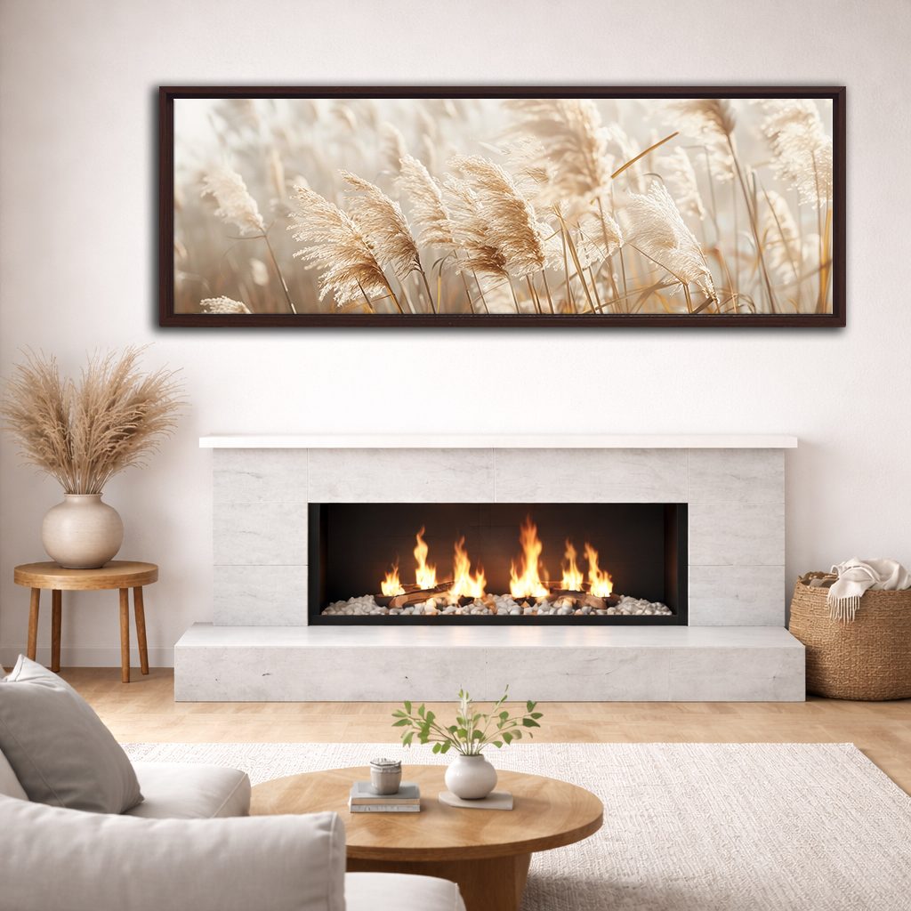 Neutral Pampas Grass Close-up canvas wall art, walnut floating frame