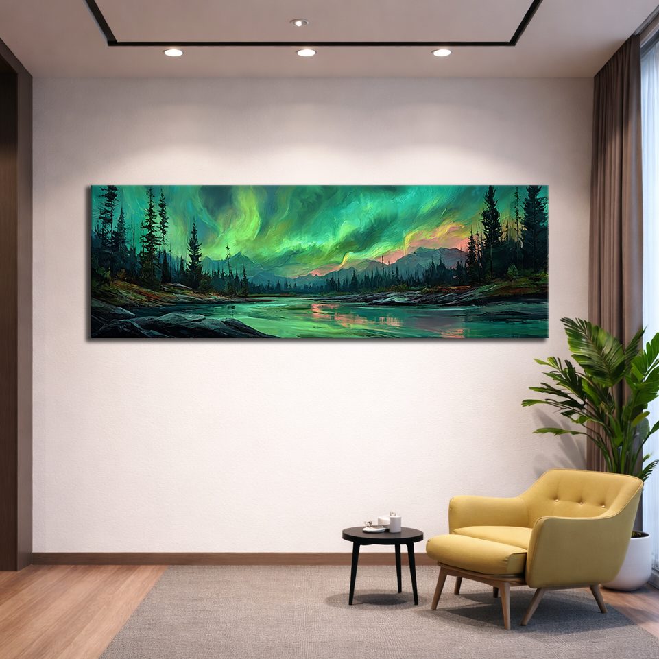 Northern Lights over Forest River canvas wall art, unframed canvas