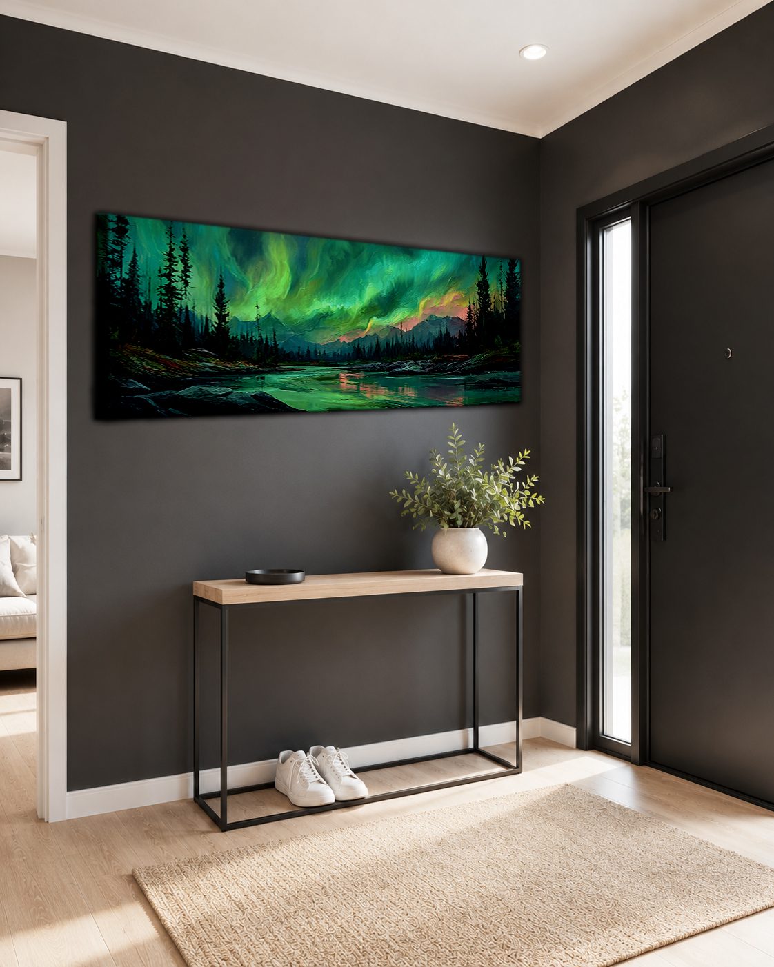 Northern Lights over Forest River canvas wall art, unframed canvas