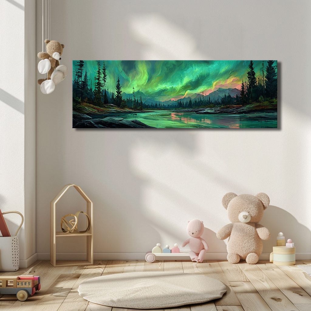 Northern Lights over Forest River canvas wall art, unframed canvas