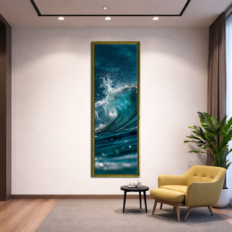 Ocean Wave Splash canvas wall art, gold floating frame