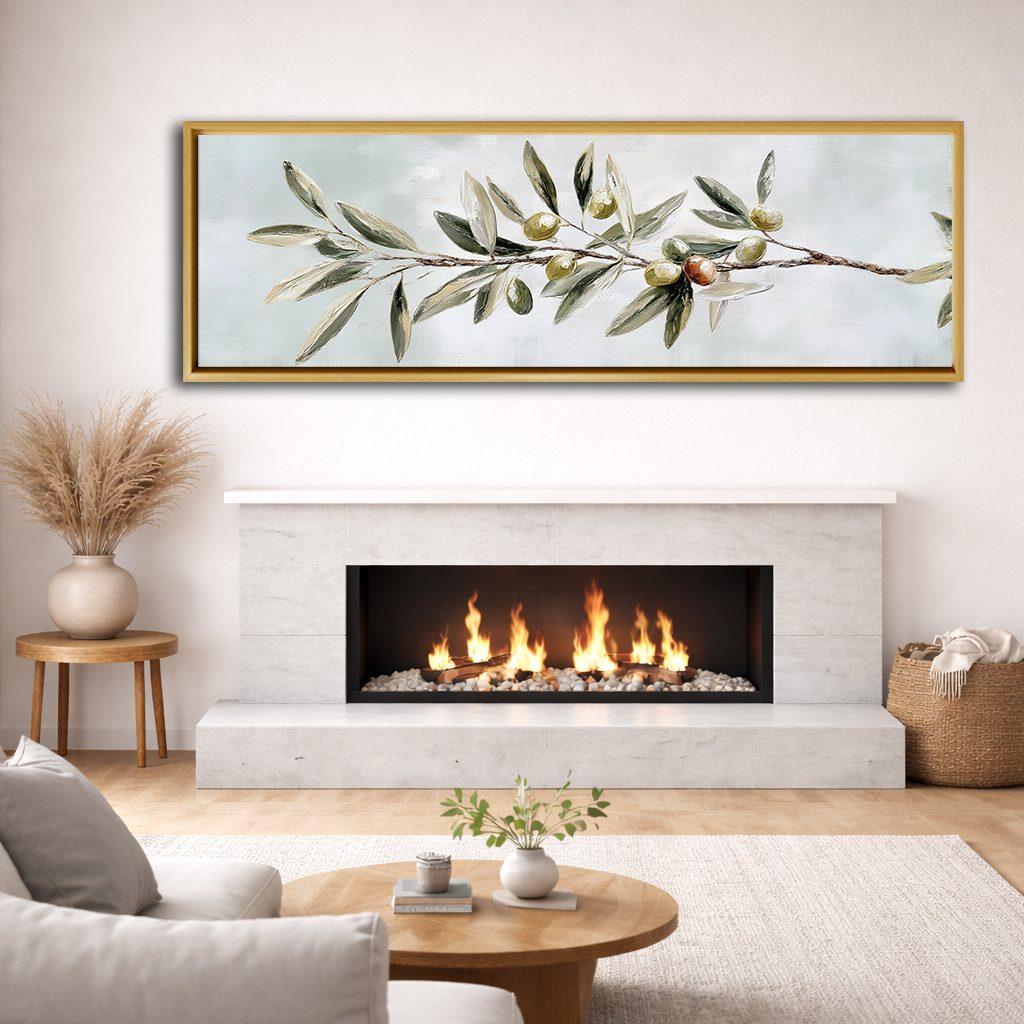 Olive Branch Botanical canvas wall art, natural wood floating frame