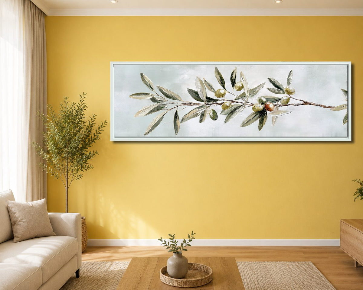 Olive Branch Botanical canvas wall art, white floating frame