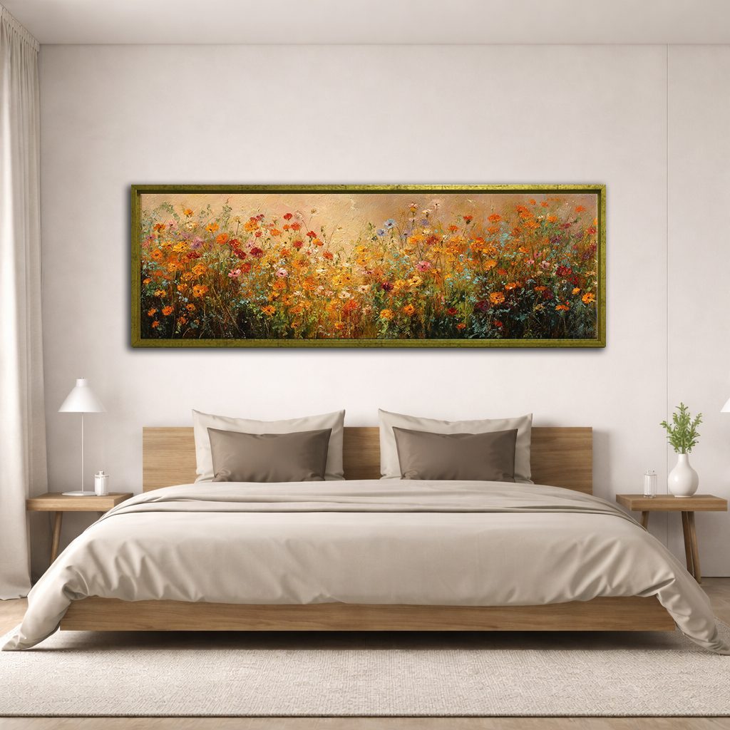 Orange Wildflower Meadow canvas wall art, antique gold floating frame