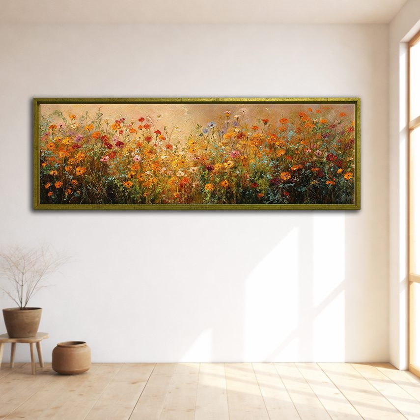 Orange Wildflower Meadow canvas wall art, gold floating frame