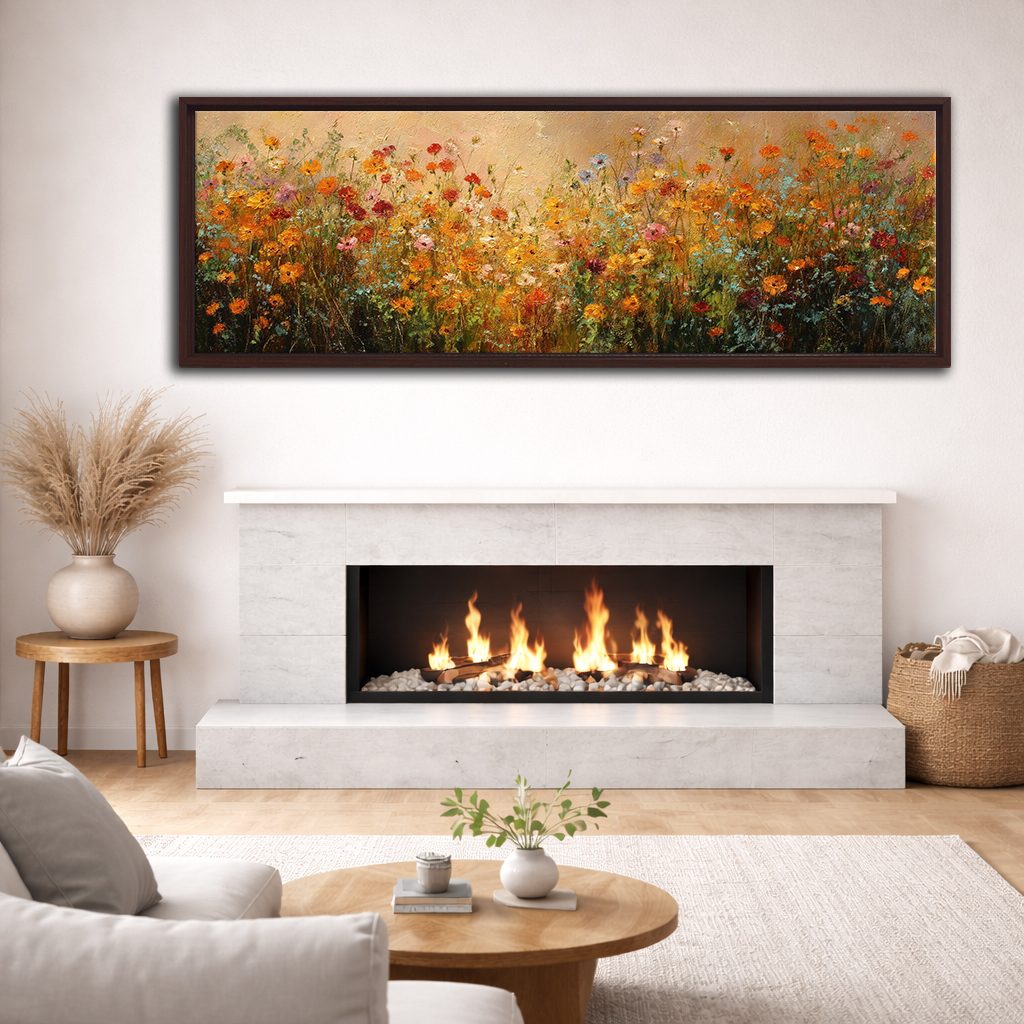 Orange Wildflower Meadow canvas wall art, walnut floating frame