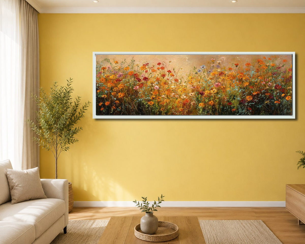 Orange Wildflower Meadow canvas wall art, white floating frame