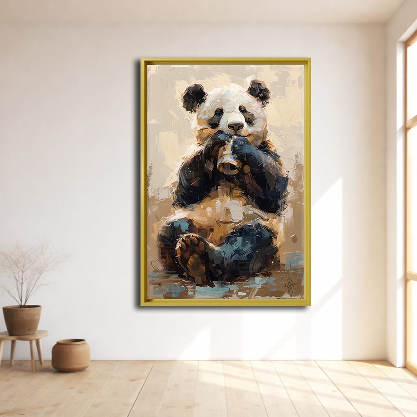 Panda Bear Painting canvas wall art, natural wood floating frame