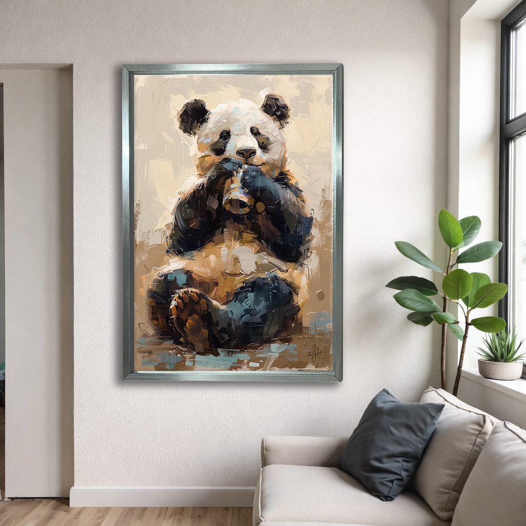 Panda Bear Painting canvas wall art, silver floating frame