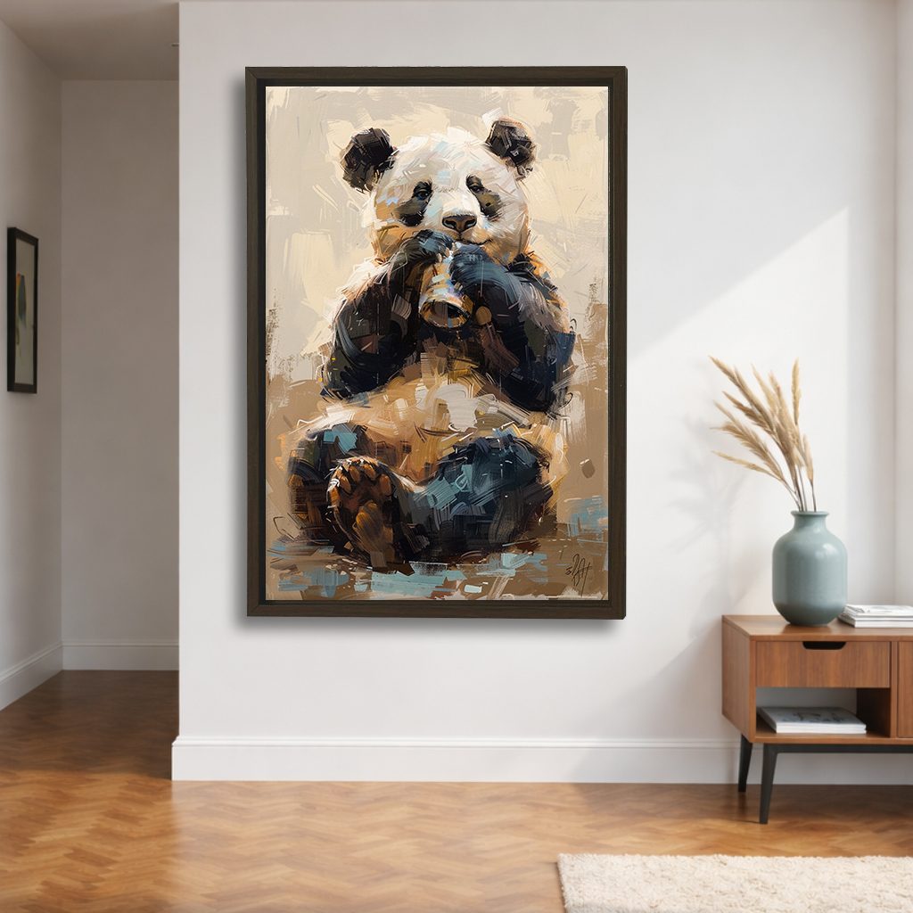 Panda Bear Painting canvas wall art, walnut floating frame