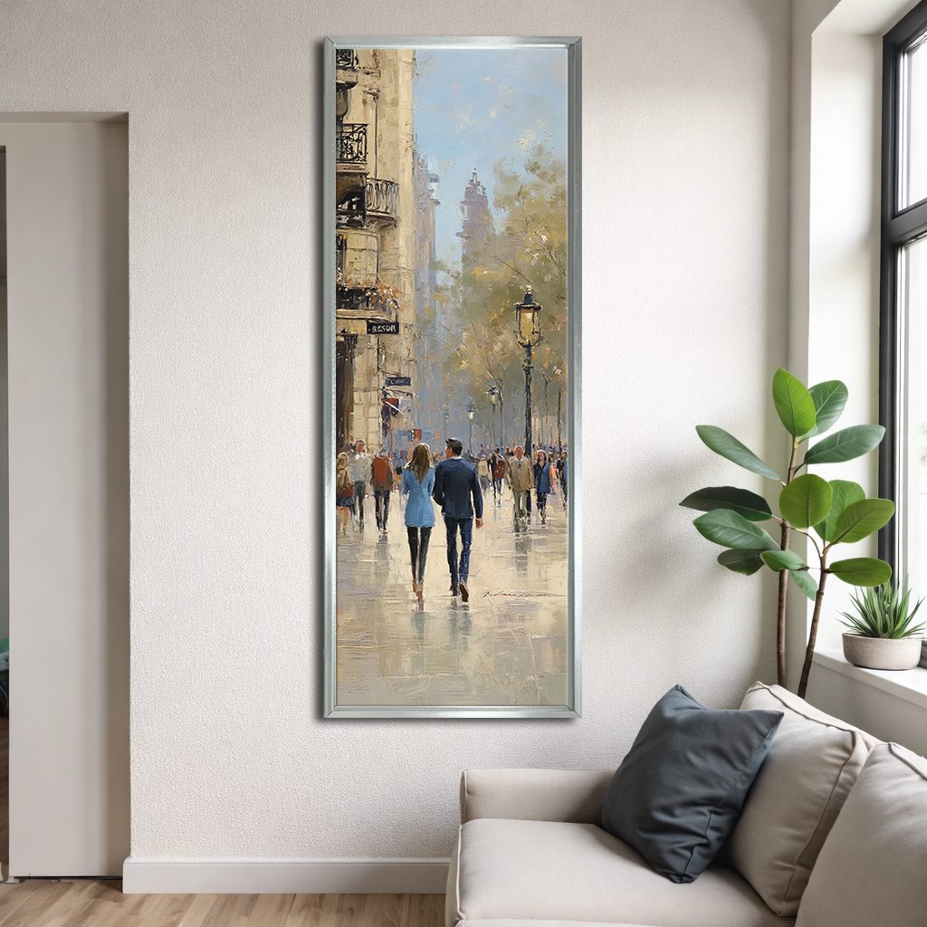 Paris Street Scene with Rain canvas wall art, silver floating frame