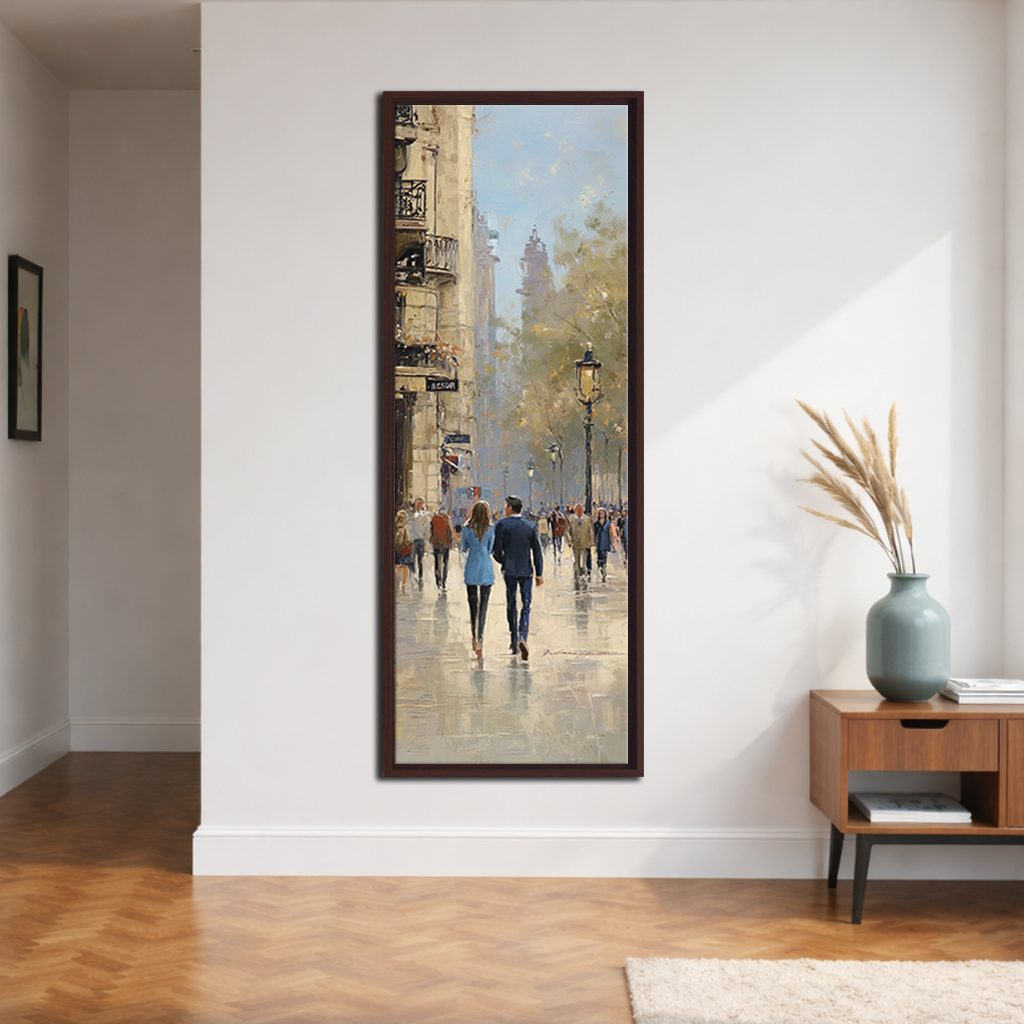 Paris Street Scene with Rain canvas wall art, walnut floating frame