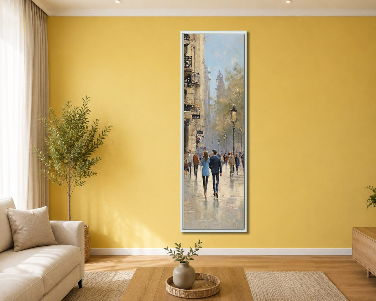 Paris Street Scene with Rain canvas wall art, white floating frame