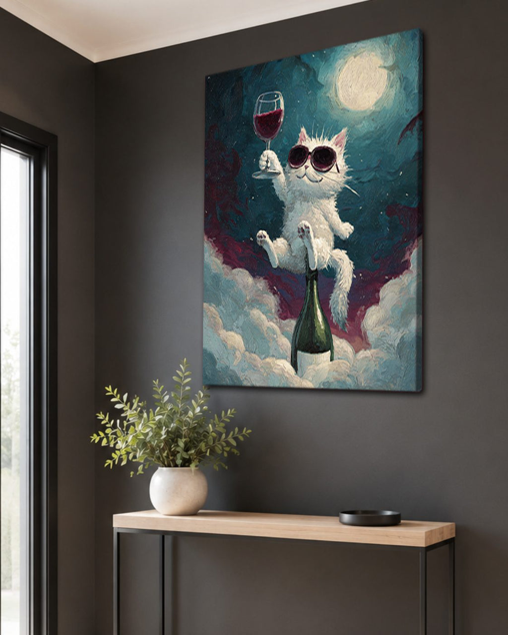 Party Cat with Wine on the Moon canvas wall art, unframed canvas