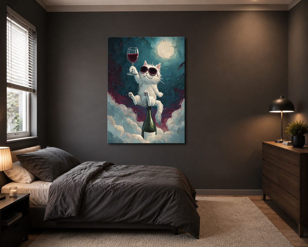 Party Cat with Wine on the Moon canvas wall art, unframed canvas
