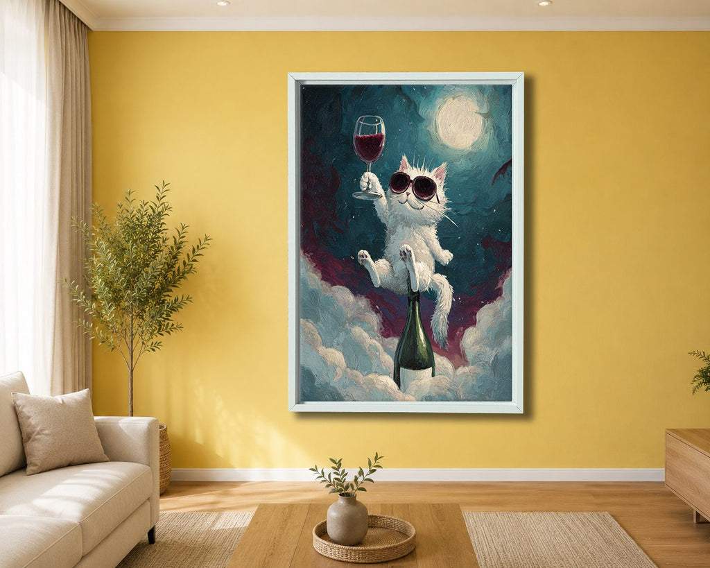 Party Cat with Wine on the Moon canvas wall art, white floating frame