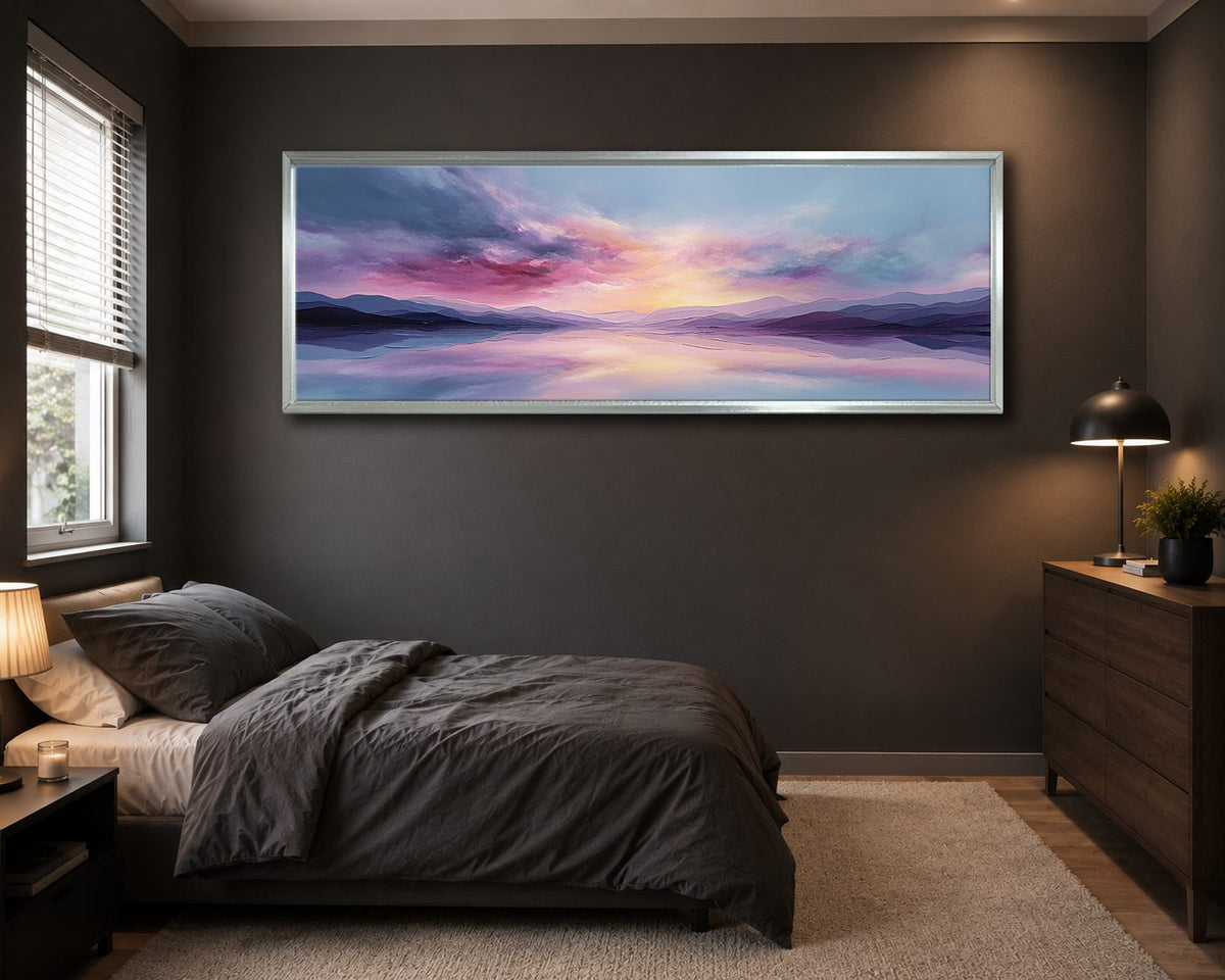 Pastel Purple Sunset Lake canvas wall art, silver floating frame