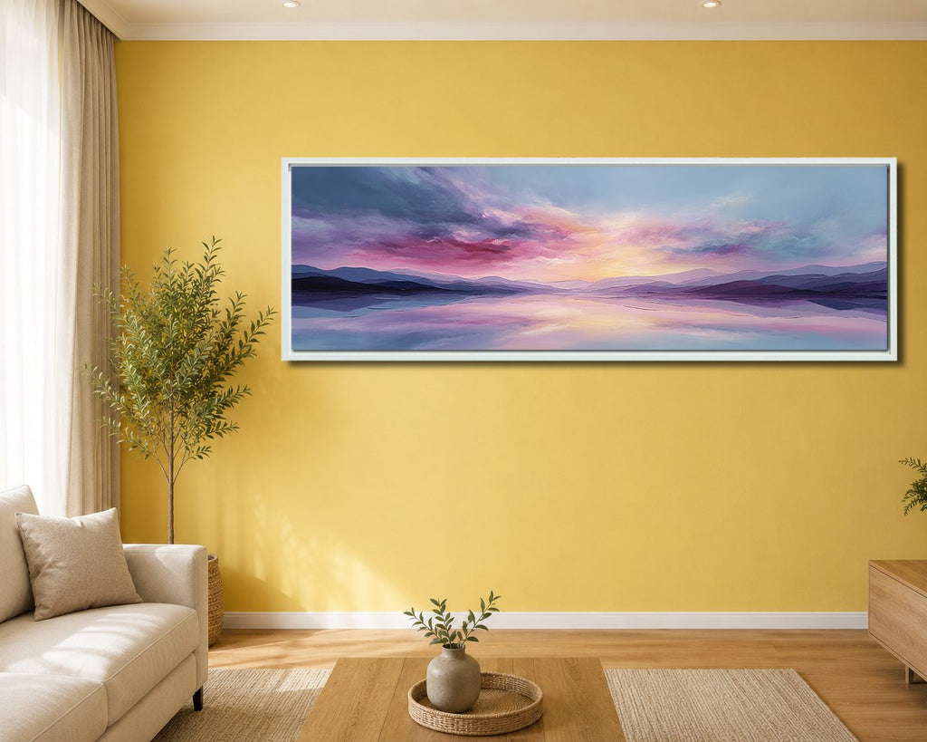 Pastel Purple Sunset Lake canvas wall art, white floating frame